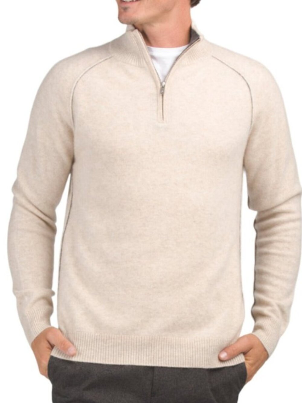 NAADAM Cashmere Quarter Zip Mock Neck Sweater With Contrast Tipping